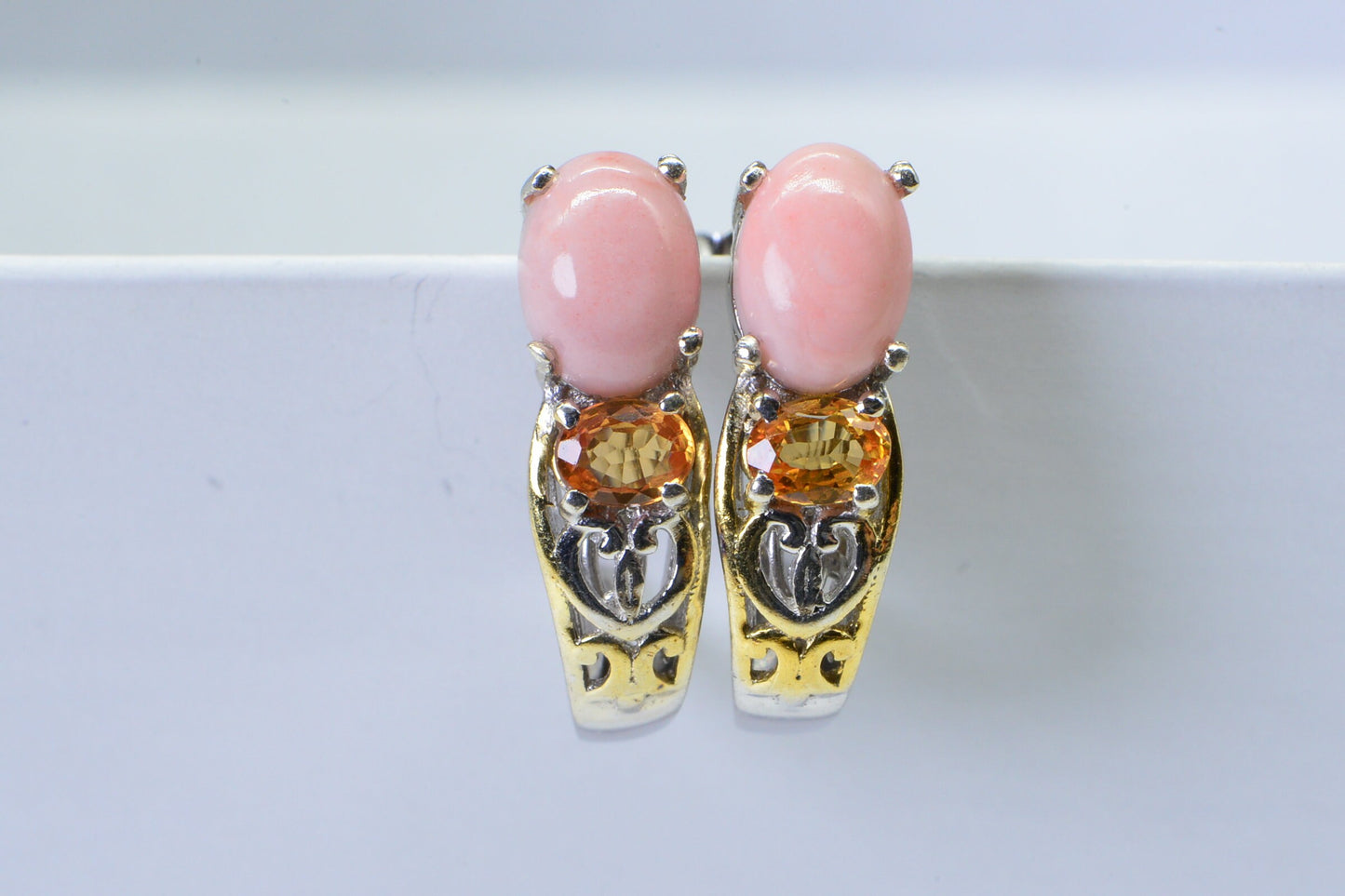 Pink Coral Stud Earrings, Rhodium Over Sterling Silver, Orange Opal