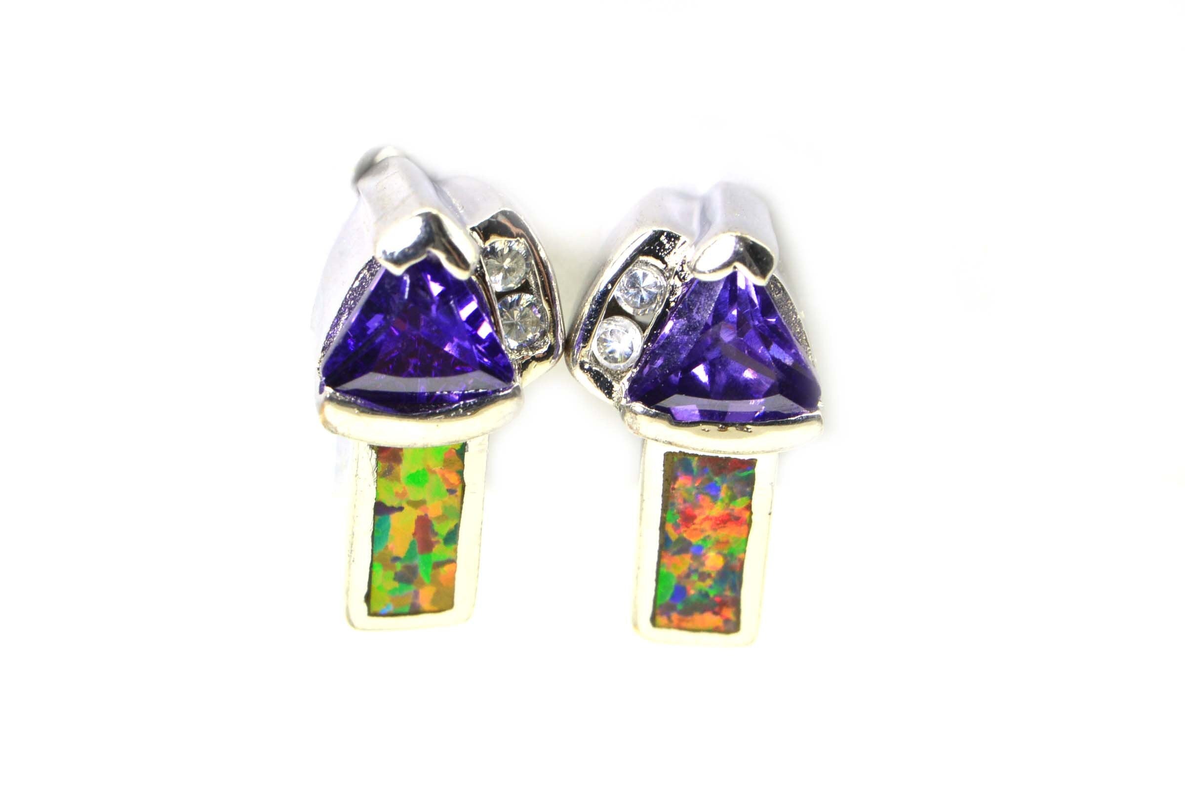 Vintage Sterling Silver Opal Amethyst Stud Earrings