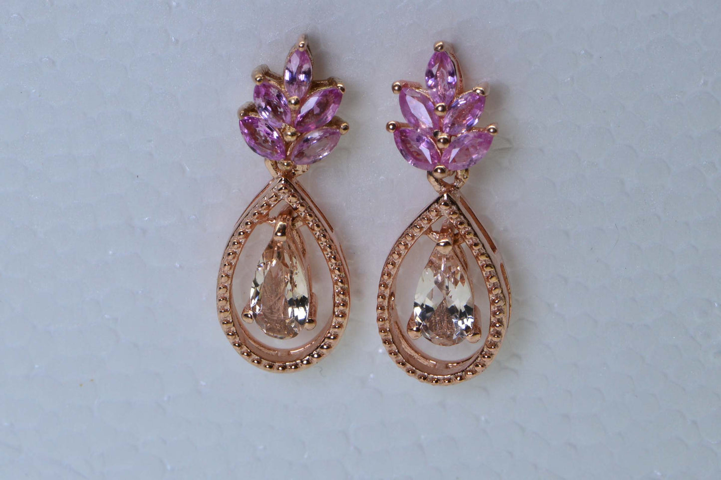 Morganite & Sapphire Earrings, 14K Rose Gold Vermeil Over Sterling Silver