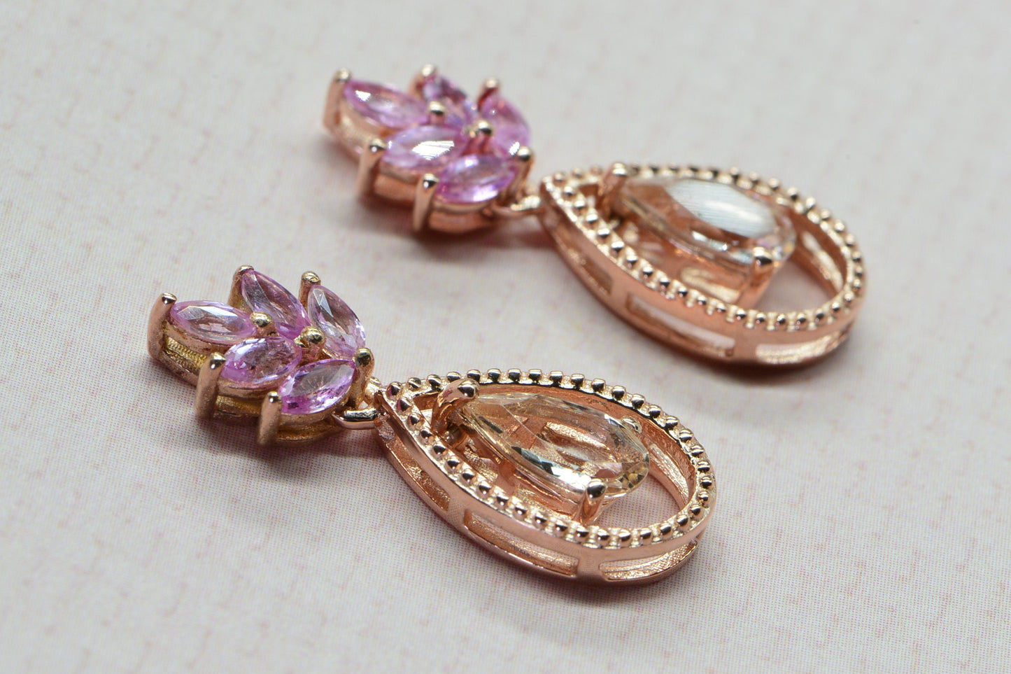 Morganite & Sapphire Earrings, 14K Rose Gold Vermeil Over Sterling Silver