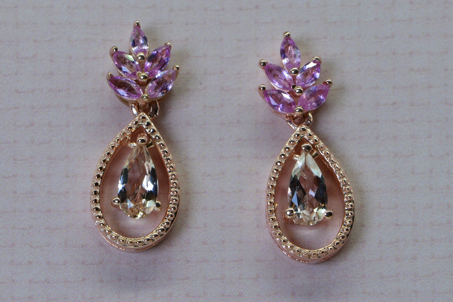 Morganite & Sapphire Earrings, 14K Rose Gold Vermeil Over Sterling Silver