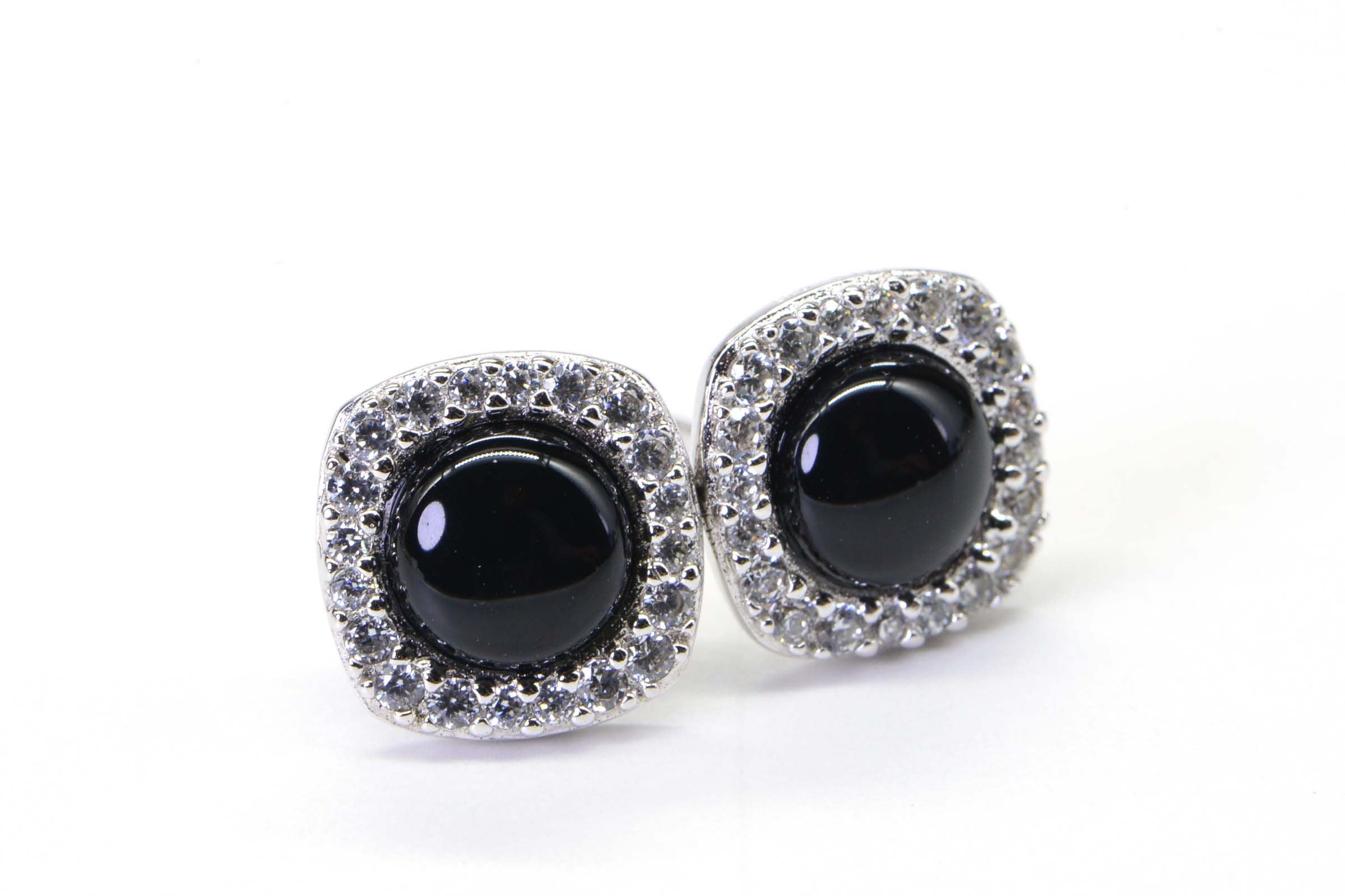 Black Spinel Halo Earrings: Rhodium Sterling Silver Studs