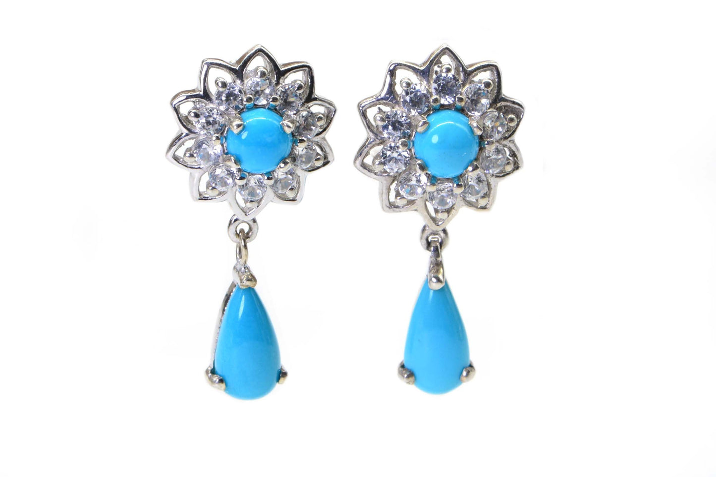 Arizona Turquoise Sleeping Beauty Stud Dangle Earrings Halo Style Sterling Silver Flower Design Earrings
