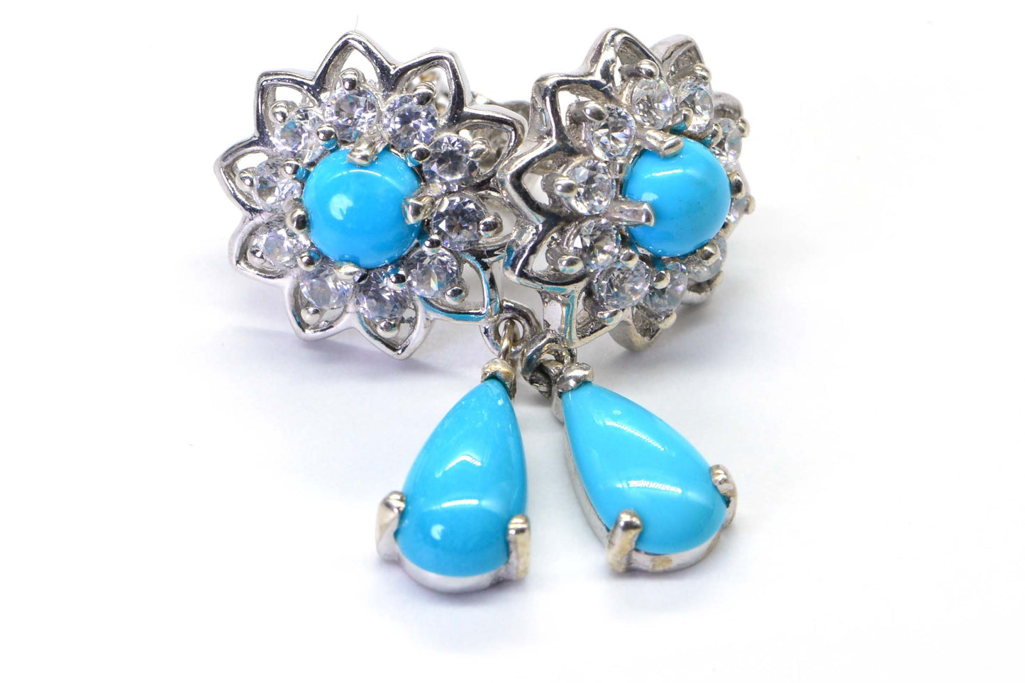 Arizona Turquoise Sleeping Beauty Stud Dangle Earrings Halo Style Sterling Silver Flower Design Earrings