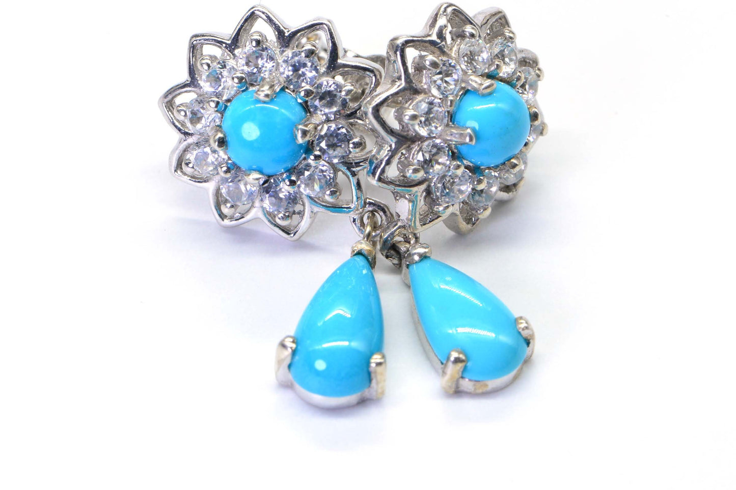 Arizona Turquoise Sleeping Beauty Stud Dangle Earrings Halo Style Sterling Silver Flower Design Earrings