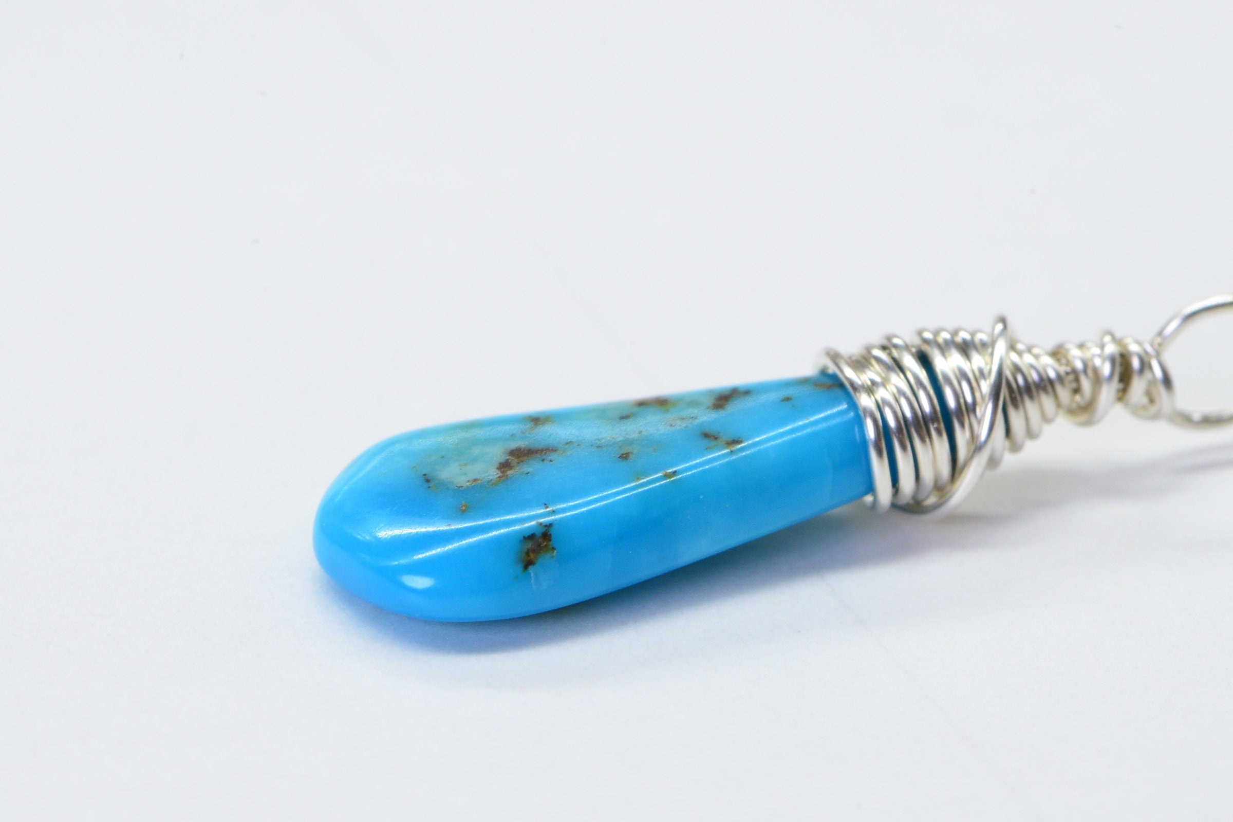 Sleeping Beauty Turquoise Pendant: Sterling Silver Wire Wrapped Briolette