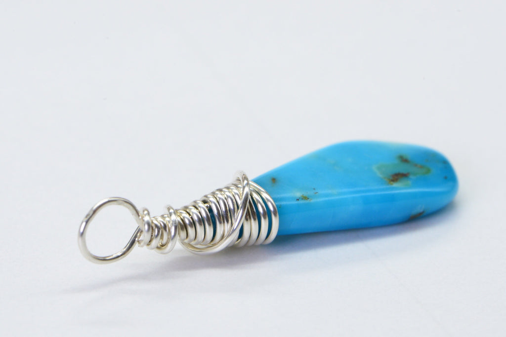 Sleeping Beauty Turquoise Pendant: Sterling Silver Wire Wrapped Briolette