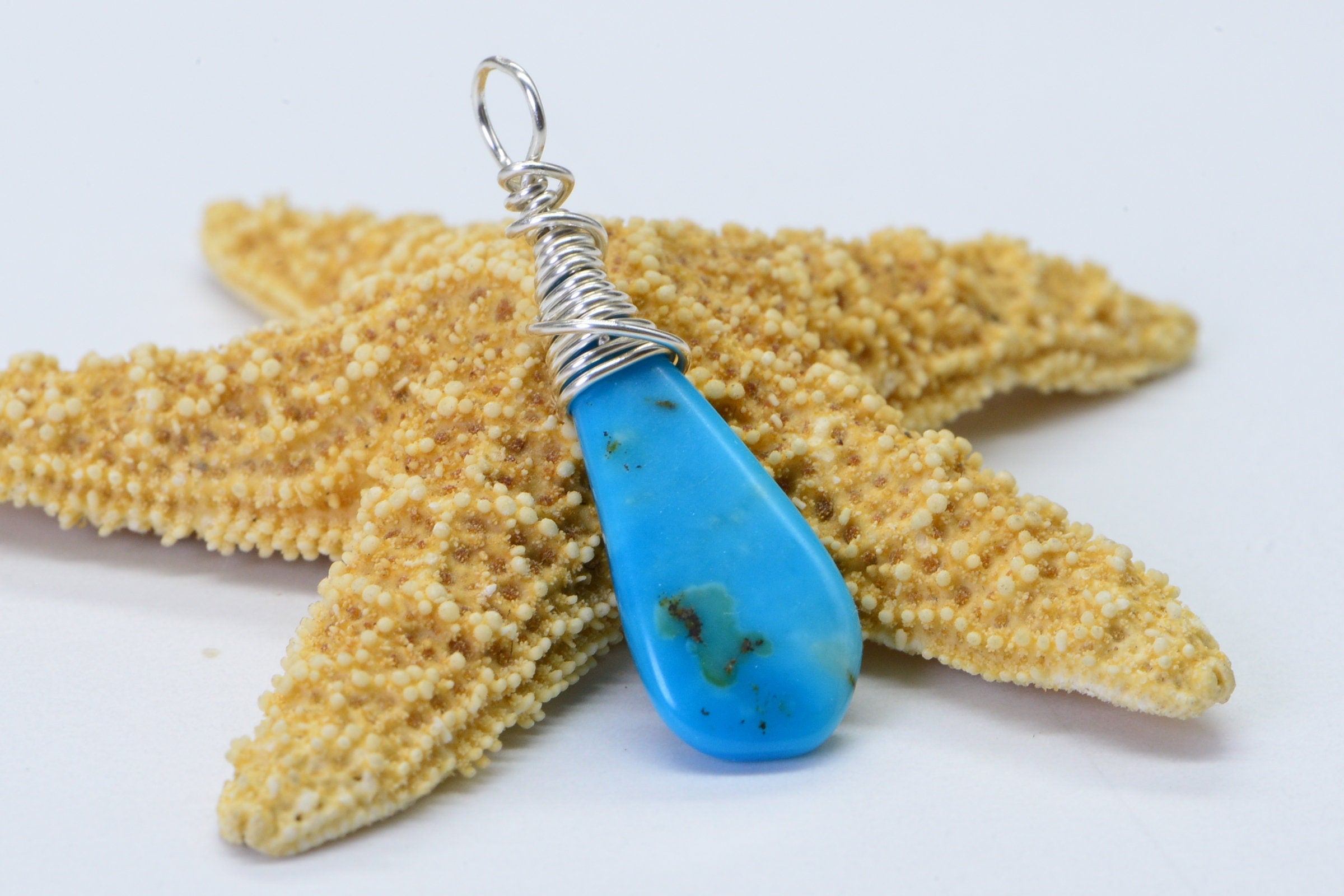 Sleeping Beauty Turquoise Pendant: Sterling Silver Wire Wrapped Briolette