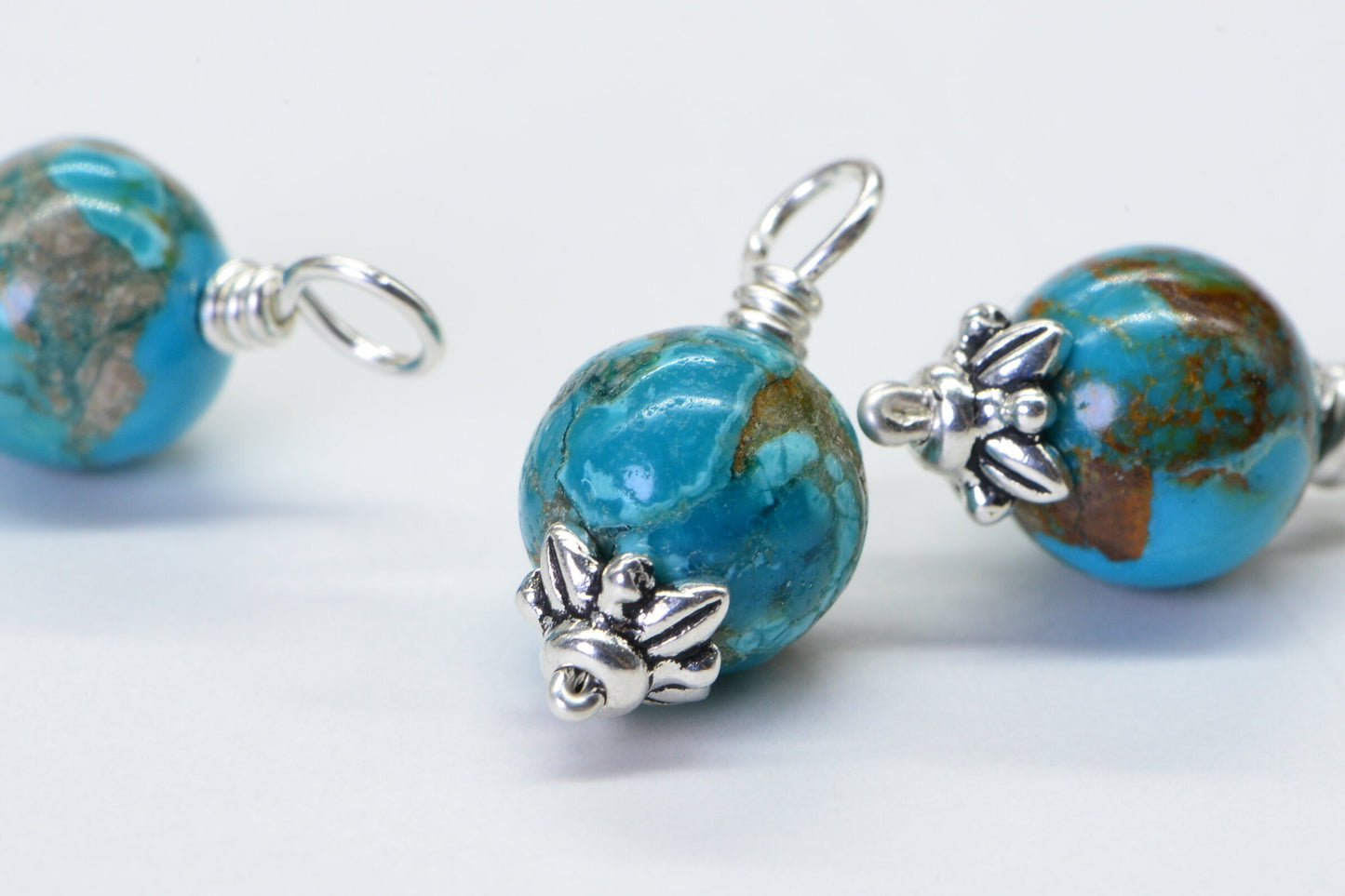Wire Wrapped Turquoise Charm: Sterling Silver Dangle Bead (8mm)