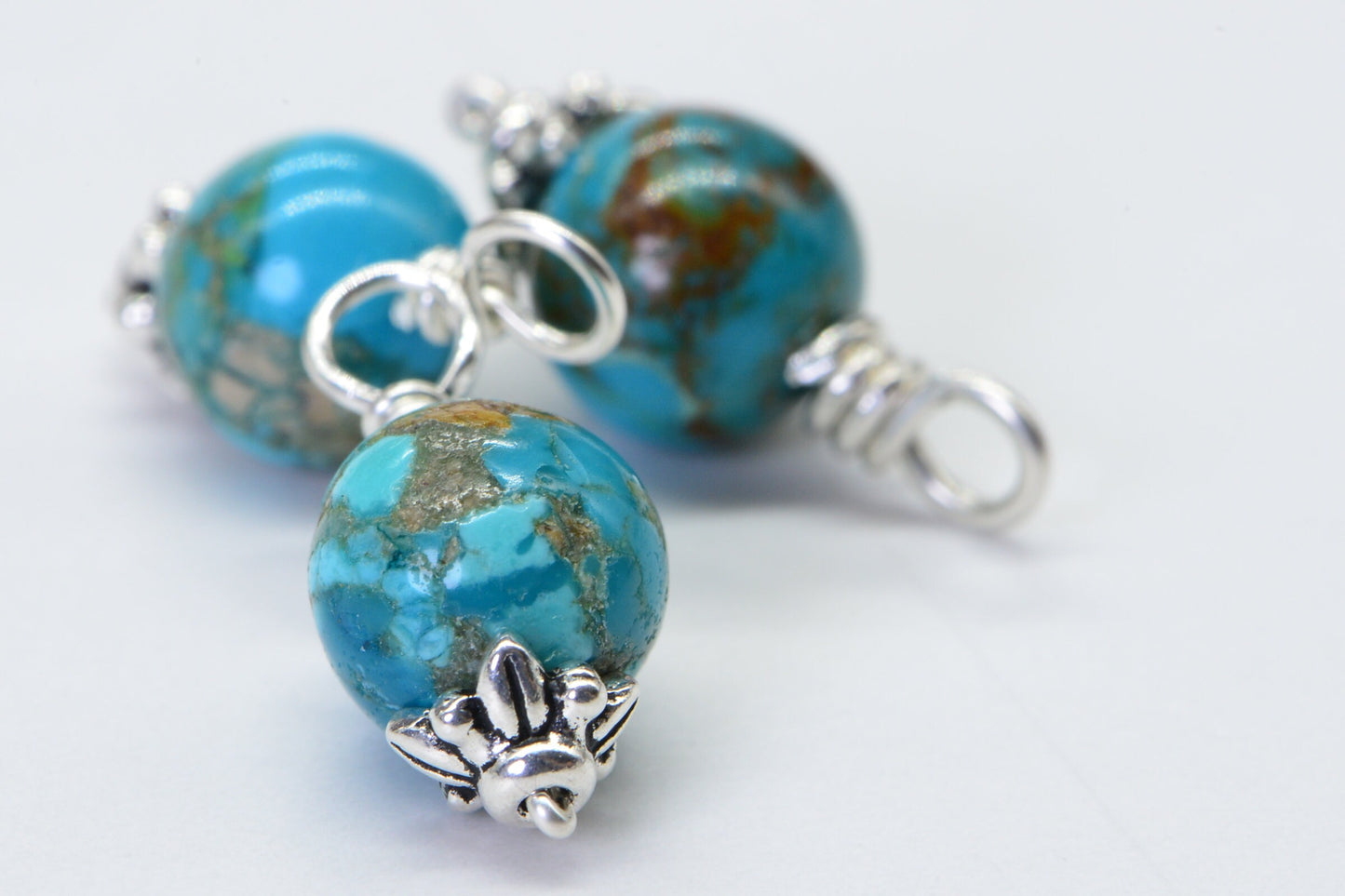 Wire Wrapped Turquoise Charm: Sterling Silver Dangle Bead (8mm)