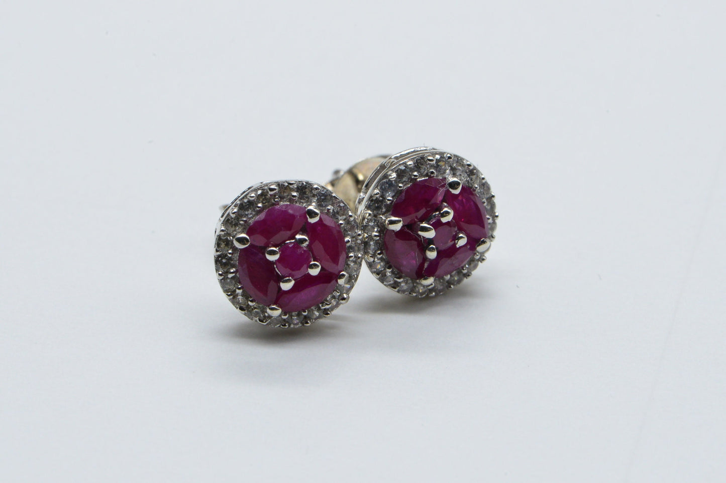Natural Ruby Earrings, Sterling Silver Flower Halo Studs, July Birthstone
