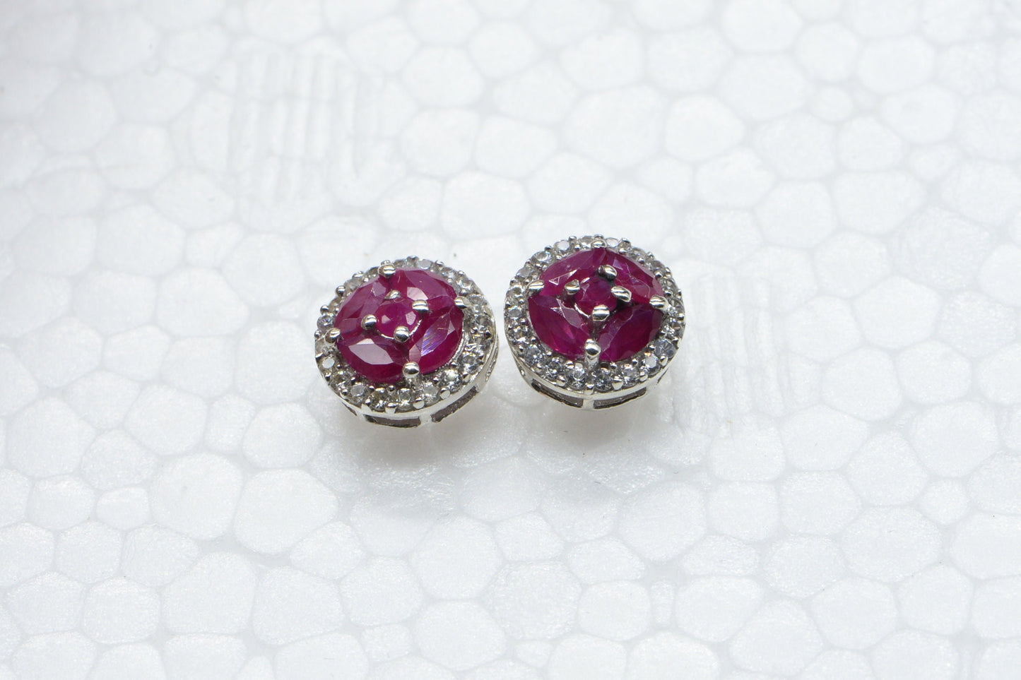 Natural Ruby Earrings, Sterling Silver Flower Halo Studs, July Birthstone