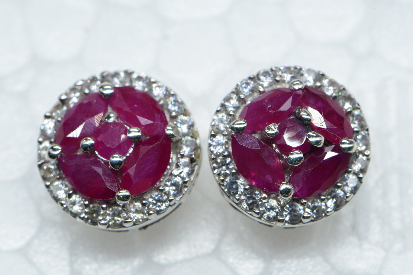 Natural Ruby Earrings, Sterling Silver Flower Halo Studs, July Birthstone