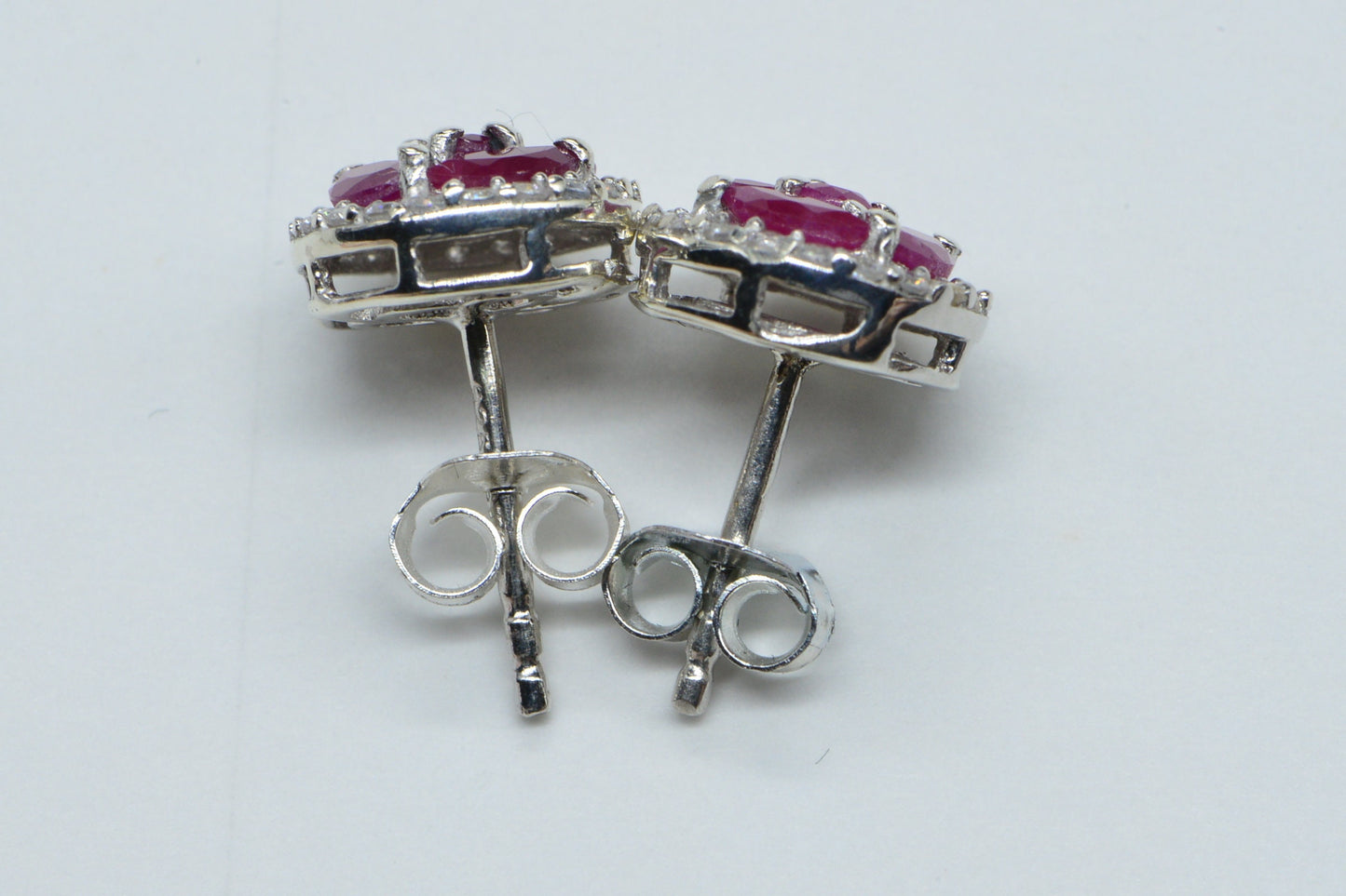 Natural Ruby Earrings, Sterling Silver Flower Halo Studs, July Birthstone