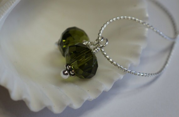 Green Crystal Dangle Charm Beads: Czech Glass, Silver Wire Wrapped