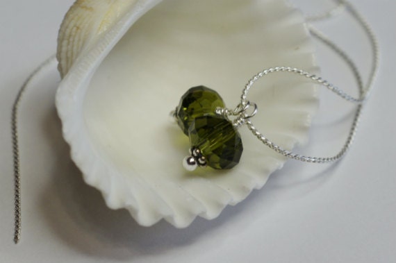 Green Crystal Dangle Charm Beads: Czech Glass, Silver Wire Wrapped