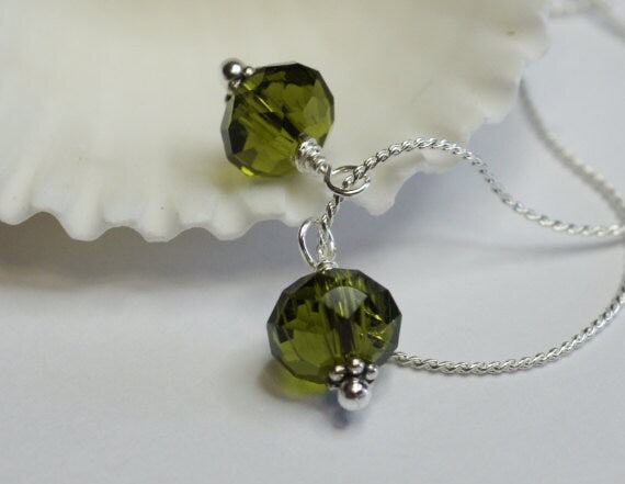 Green Crystal Dangle Charm Beads: Czech Glass, Silver Wire Wrapped