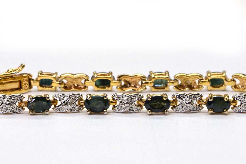 Teal Sapphire Diamond Tennis Bracelet: 14K Yellow Gold Over Sterling Silver