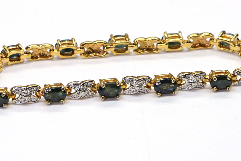 Teal Sapphire Diamond Tennis Bracelet: 14K Yellow Gold Over Sterling Silver