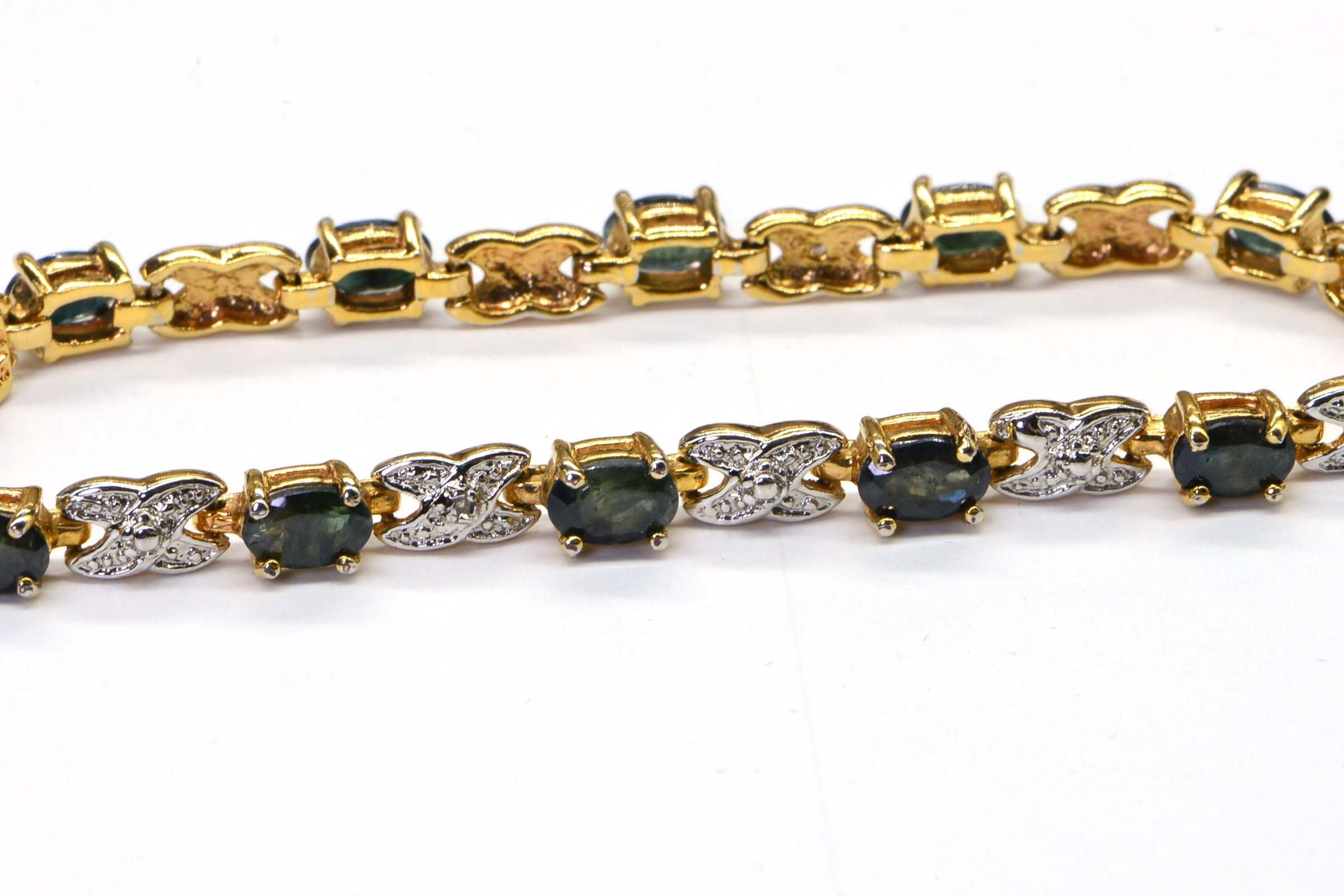 Teal Sapphire Diamond Tennis Bracelet: 14K Yellow Gold Over Sterling Silver