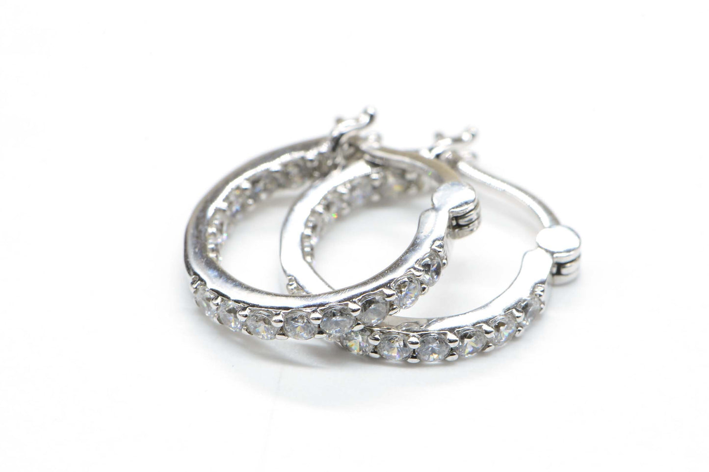 Simulated Diamond Inside-Outside  Hinged Post Hoop Earrings Sterling Silver finished Rhodium