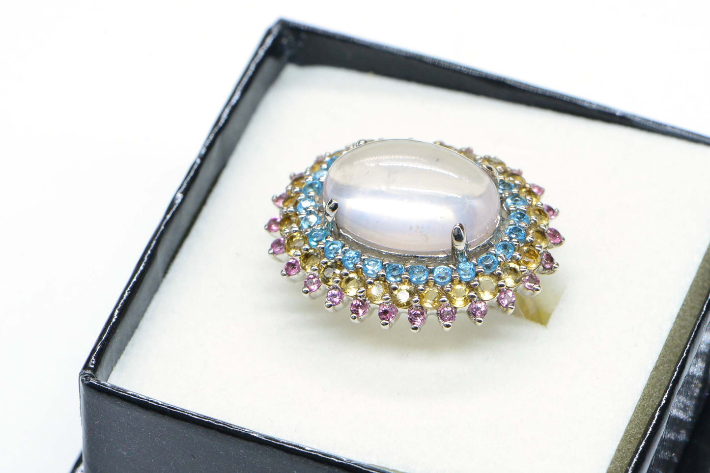 Oval Moonstone Sterling Silver Multi-Stone Halo Ring