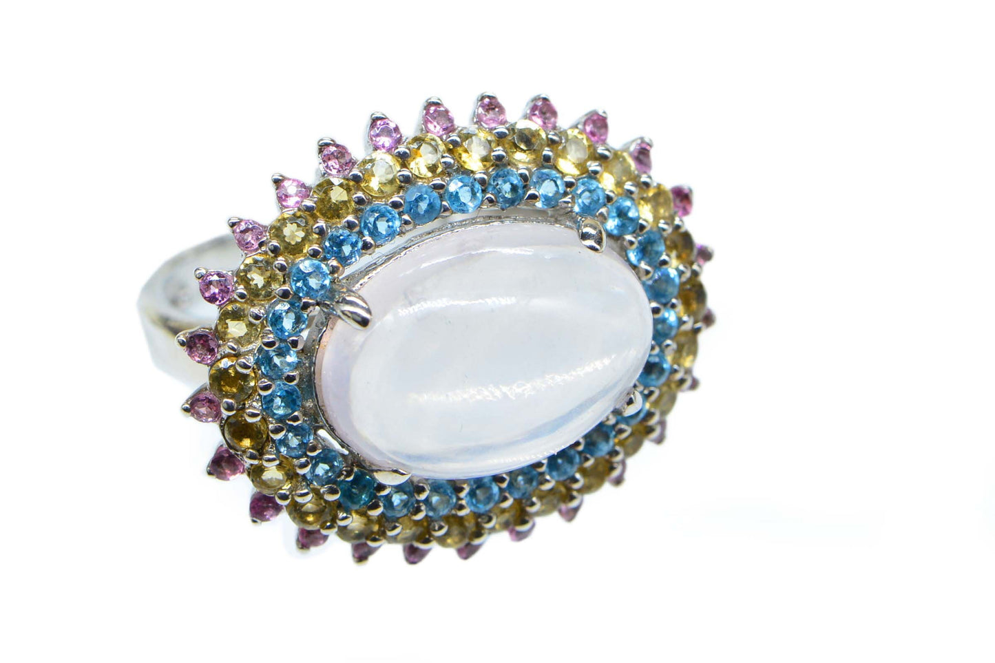 Oval Moonstone Sterling Silver Multi-Stone Halo Ring