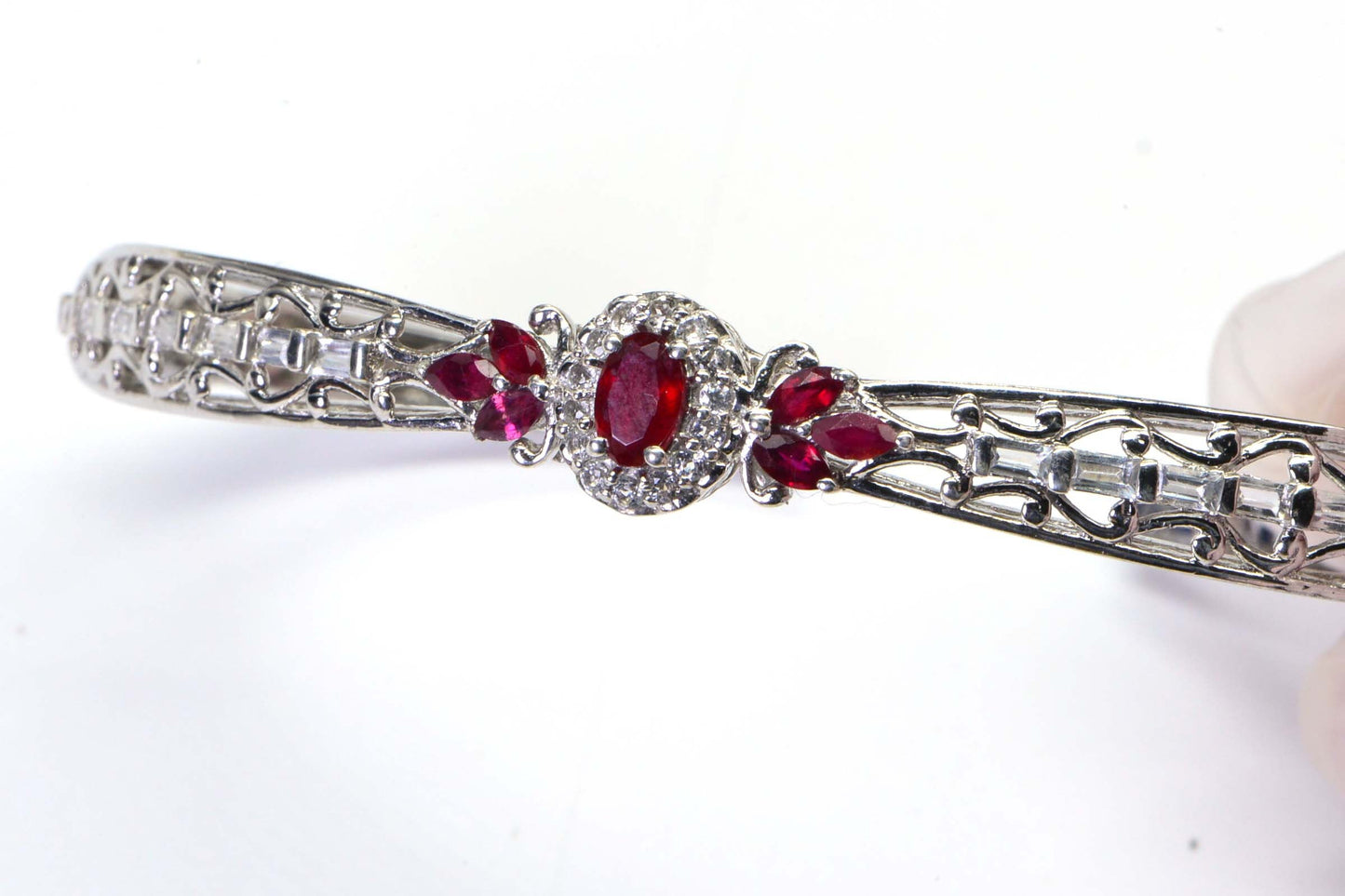 Natural Ruby Bolo Bracelet, White Topaz, Sterling Silver Cuff, July Birthstone