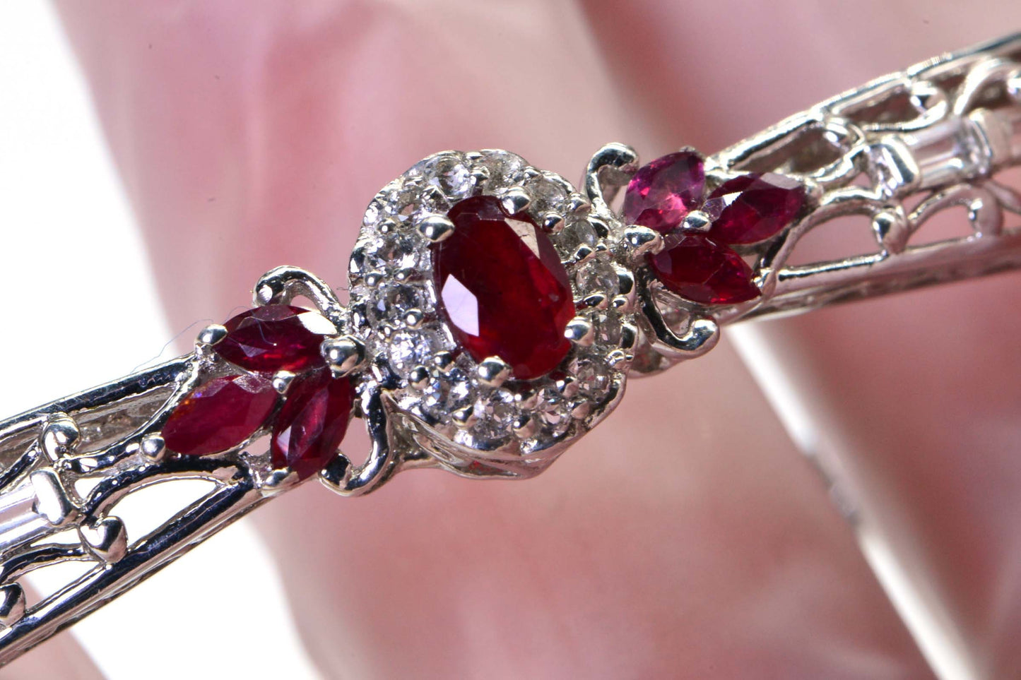 Natural Ruby Bolo Bracelet, White Topaz, Sterling Silver Cuff, July Birthstone