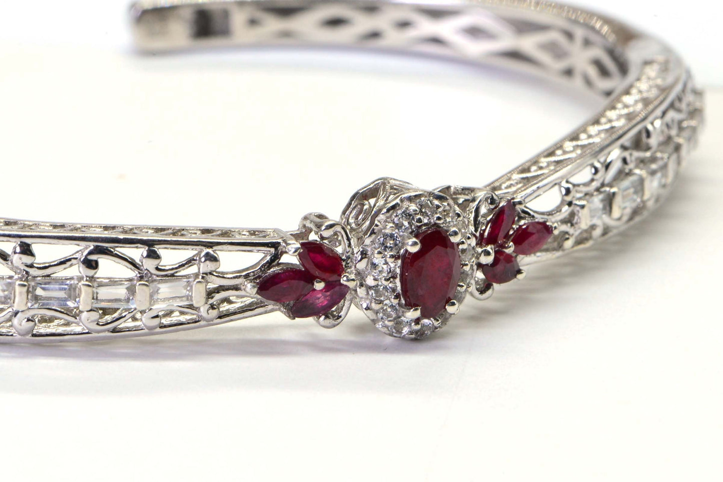 Natural Ruby Bolo Bracelet, White Topaz, Sterling Silver Cuff, July Birthstone