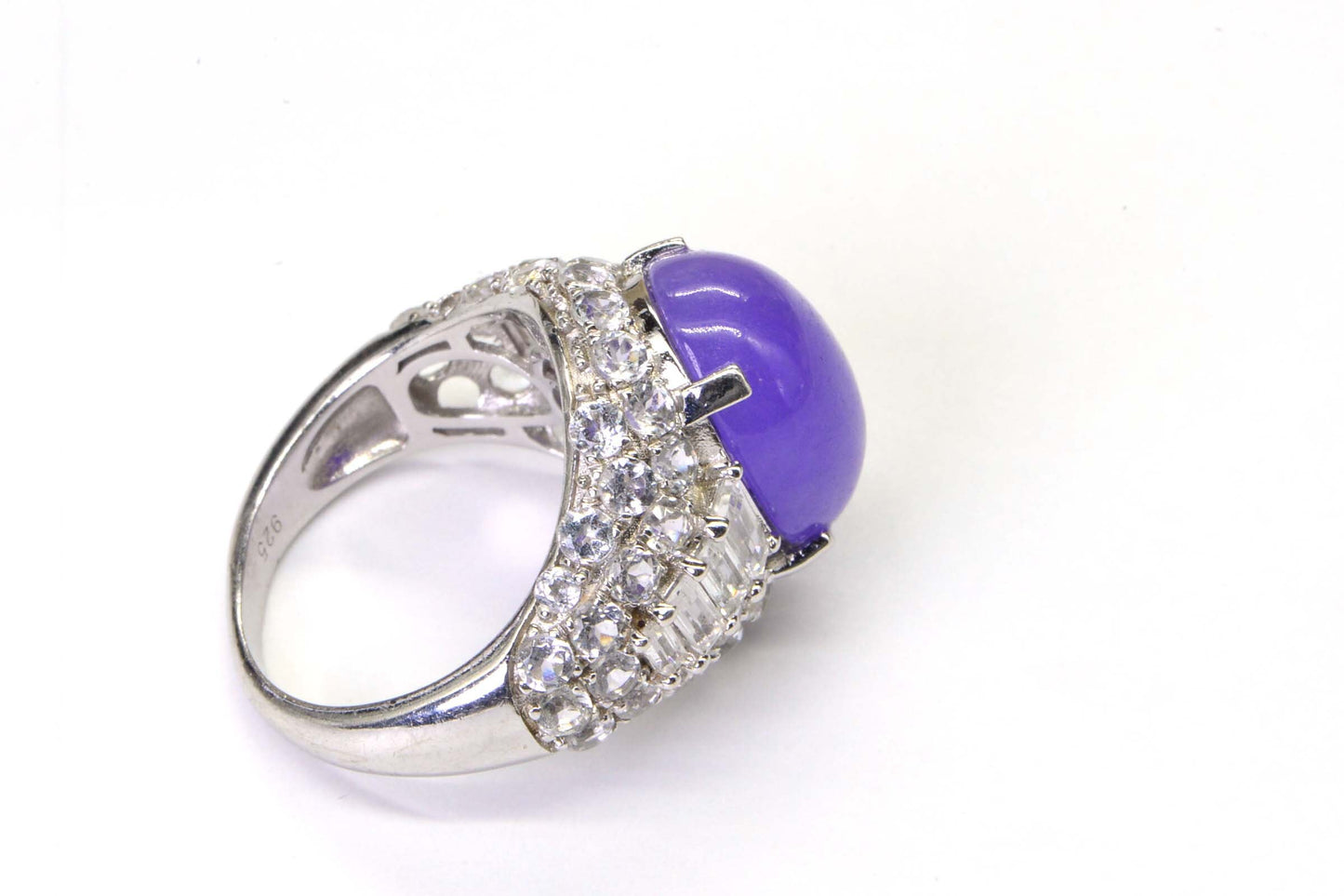Purple Jade Cocktail Ring, White Topaz Halo, Sterling Silver, Size 7 3/4
