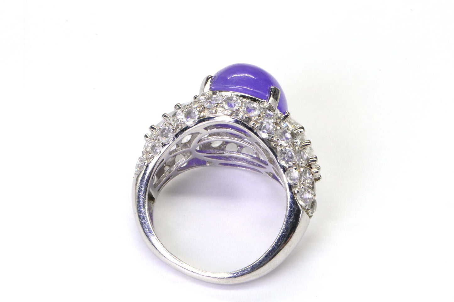 Purple Jade Cocktail Ring, White Topaz Halo, Sterling Silver, Size 7 3/4