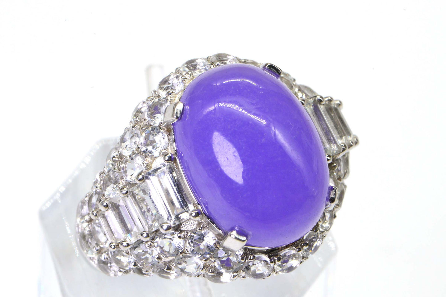 Purple Jade Cocktail Ring, White Topaz Halo, Sterling Silver, Size 7 3/4