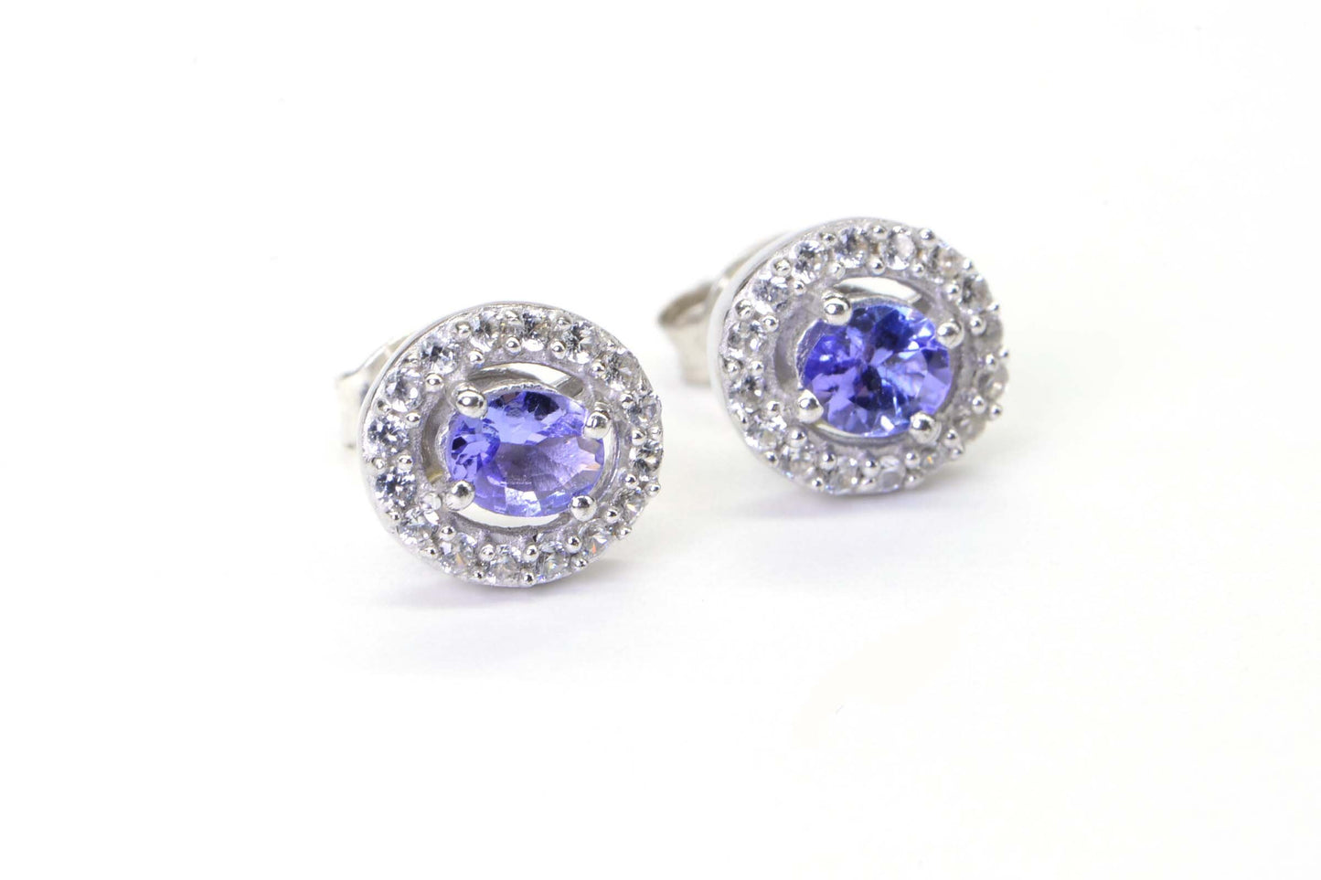 Tanzanite Halo Stud Earrings, December Birthstone, Sterling Silver CZ