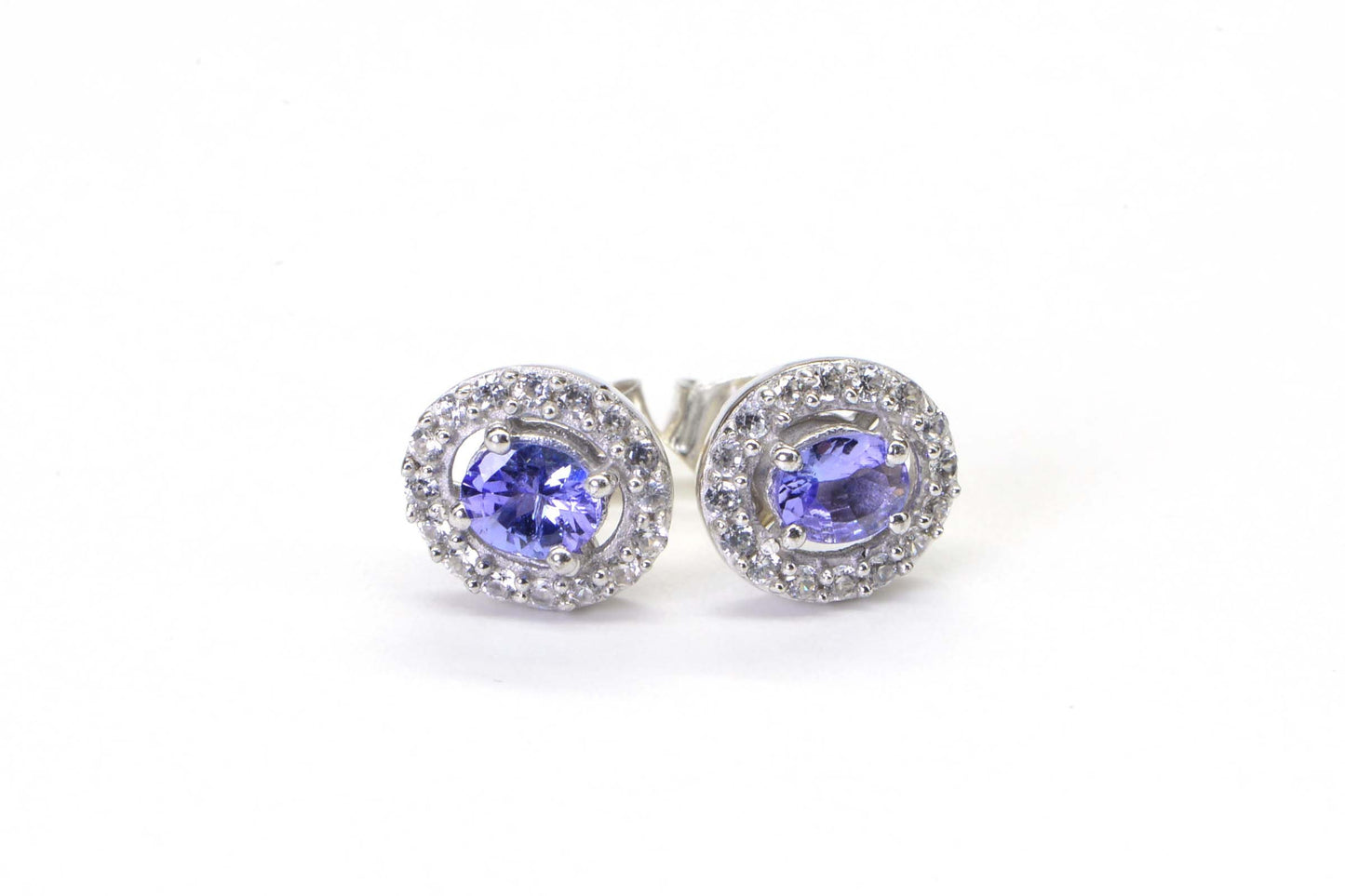 Tanzanite Halo Stud Earrings, December Birthstone, Sterling Silver CZ