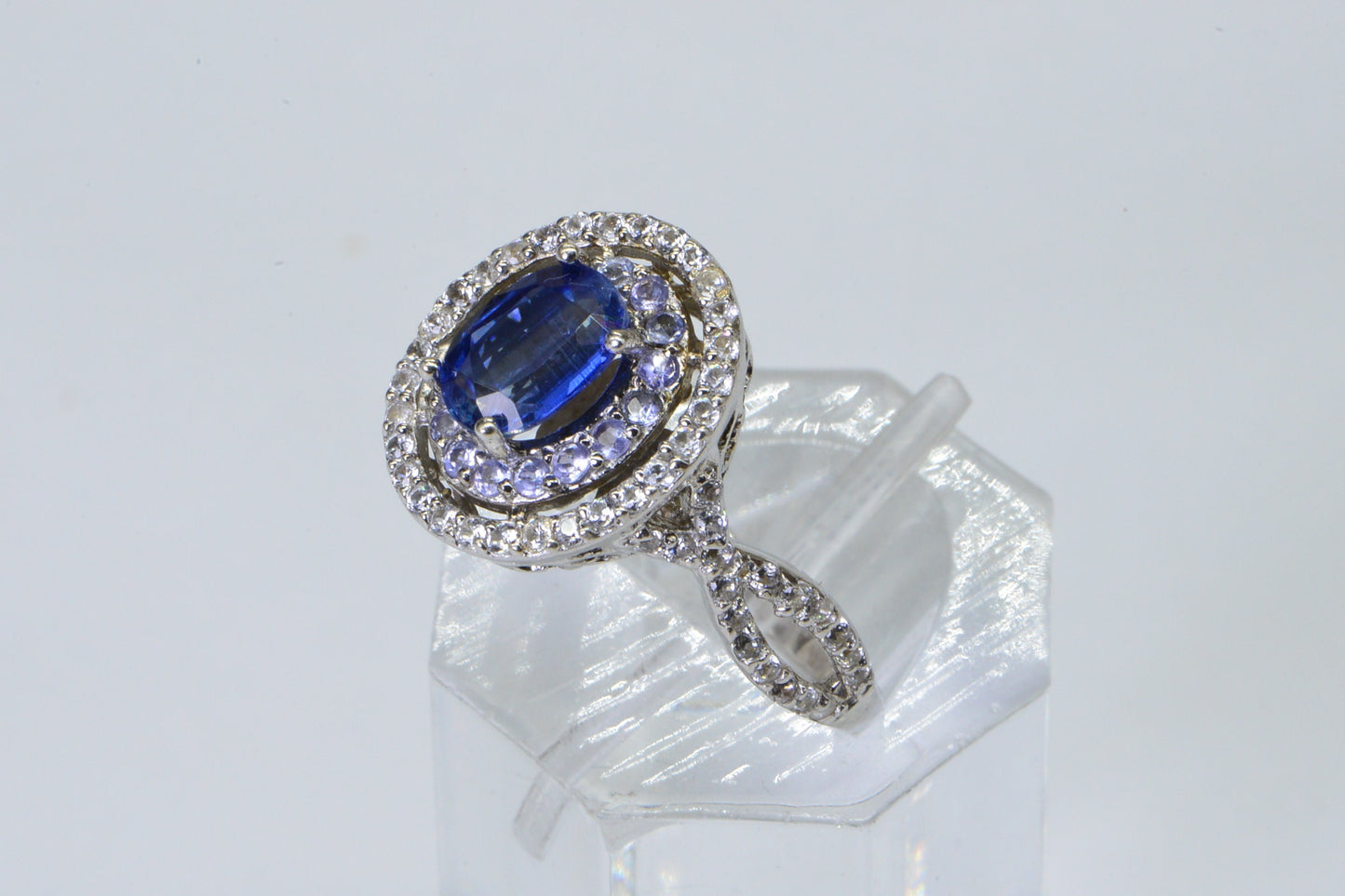 Blue Topaz Tanzanite Zircon Rhodium over sterling silver Double Halo Style Promise Ring