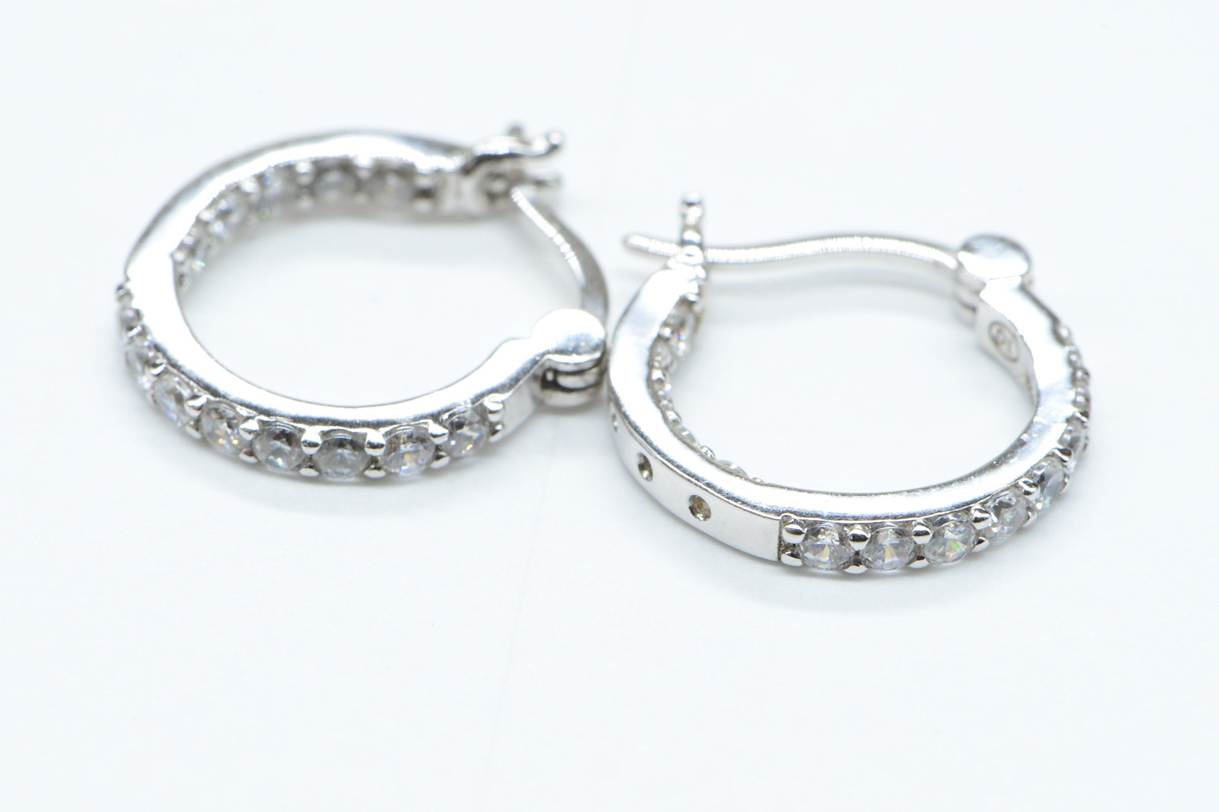 CZ Sterling Silver Hinged Post Back Hoop Earrings