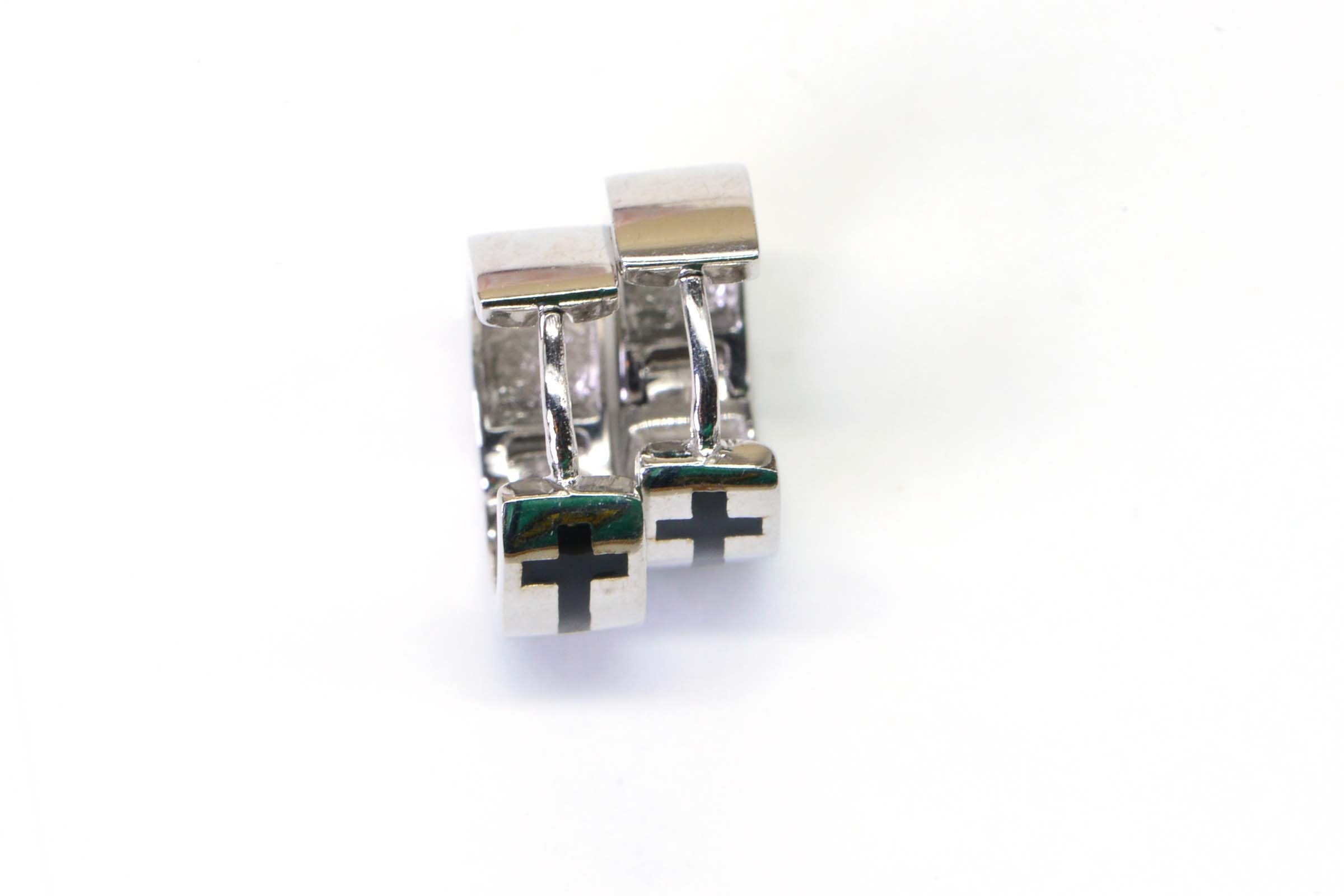 15mm Small Cross Enamel Black Sterling silver  Hinged Wide  Hoop Earrings