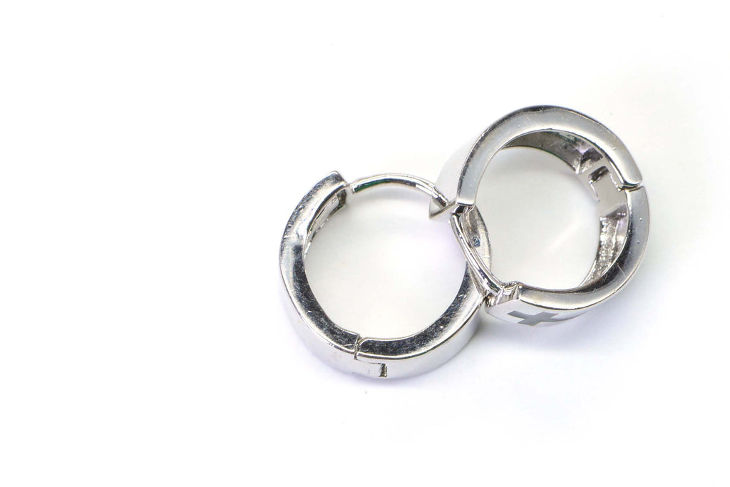 15mm Small Cross Enamel Black Sterling silver  Hinged Wide  Hoop Earrings