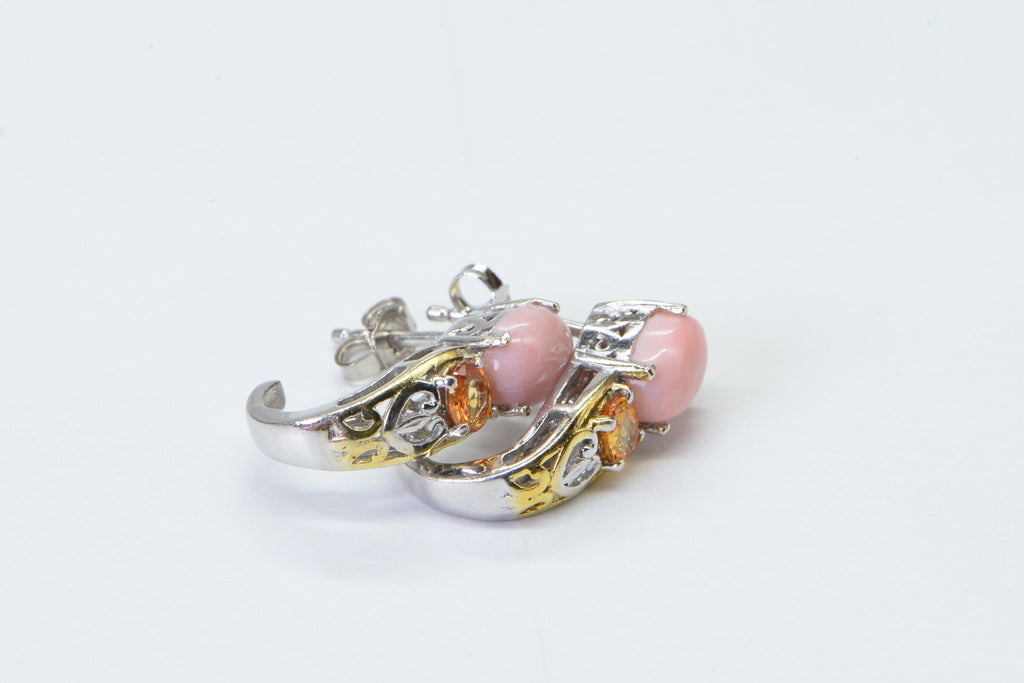 Pink Coral Fire Opal J Style Stud Earrings Two Color Metal Gold and Silver