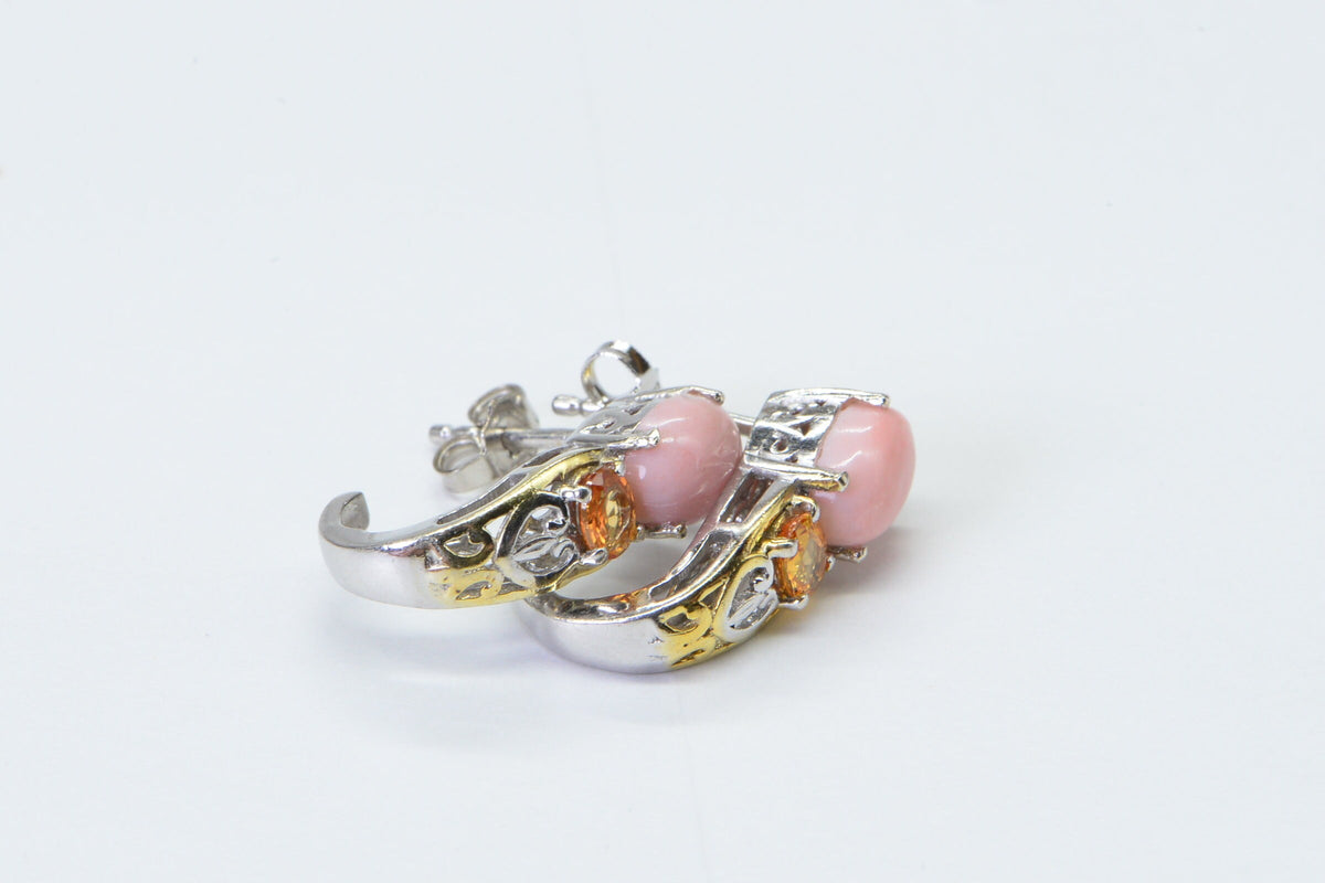 Pink Coral Fire Opal J Style Stud Earrings Two Color Metal Gold and Silver