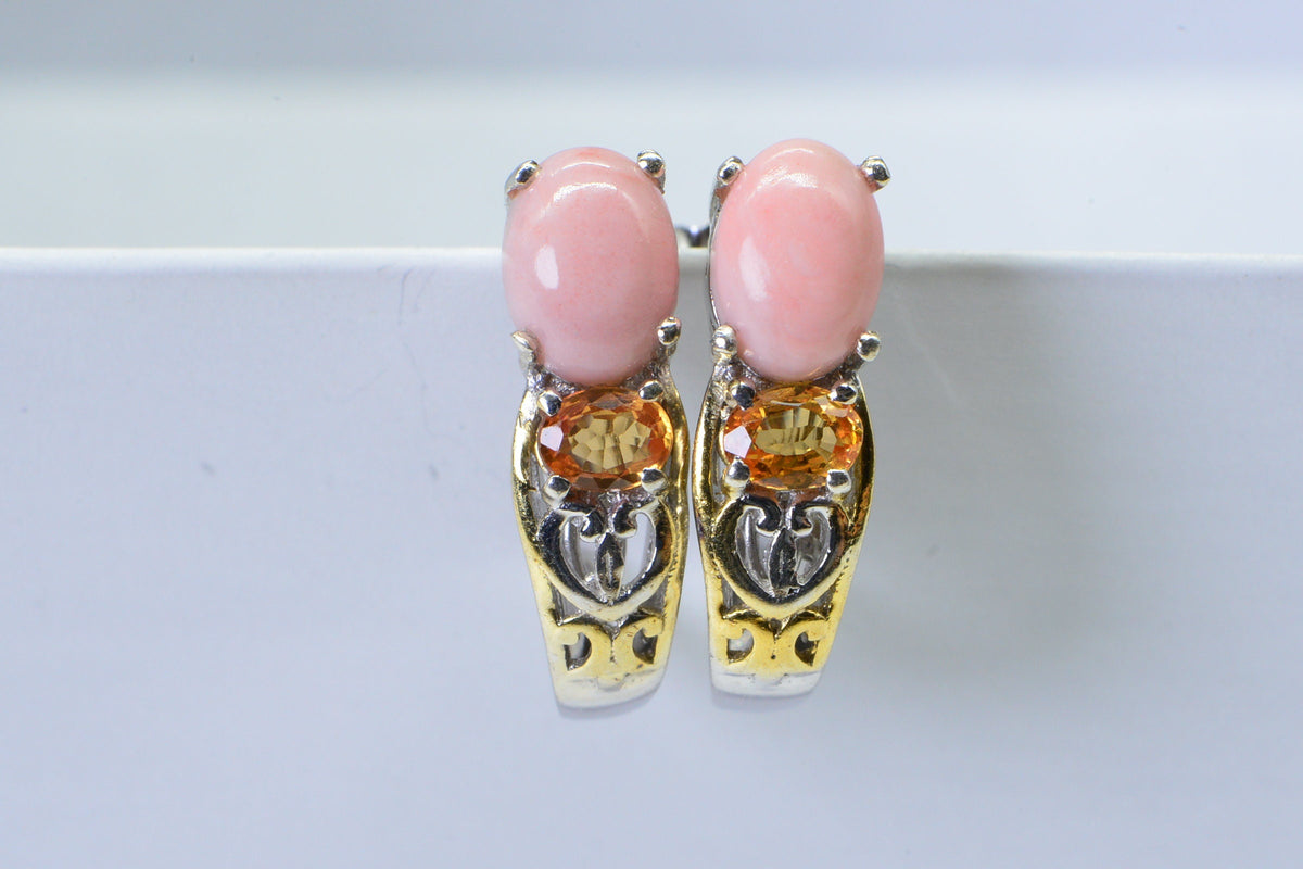 Pink Coral Fire Opal J Style Stud Earrings Two Color Metal Gold and Silver