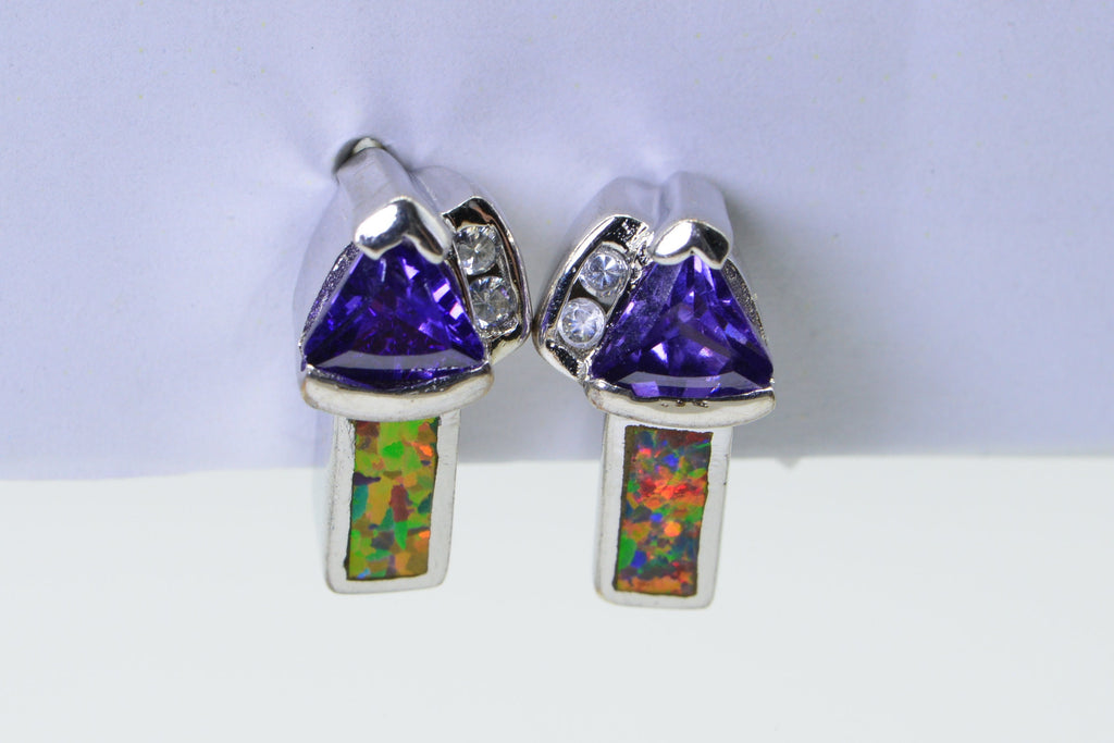 Vintage Sterling Silver Opal Amethyst Stud Earrings