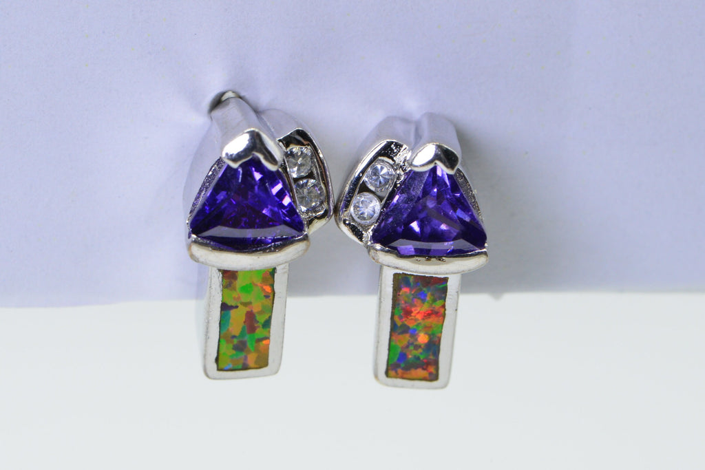 Vintage Sterling Silver Opal Amethyst Stud Earrings