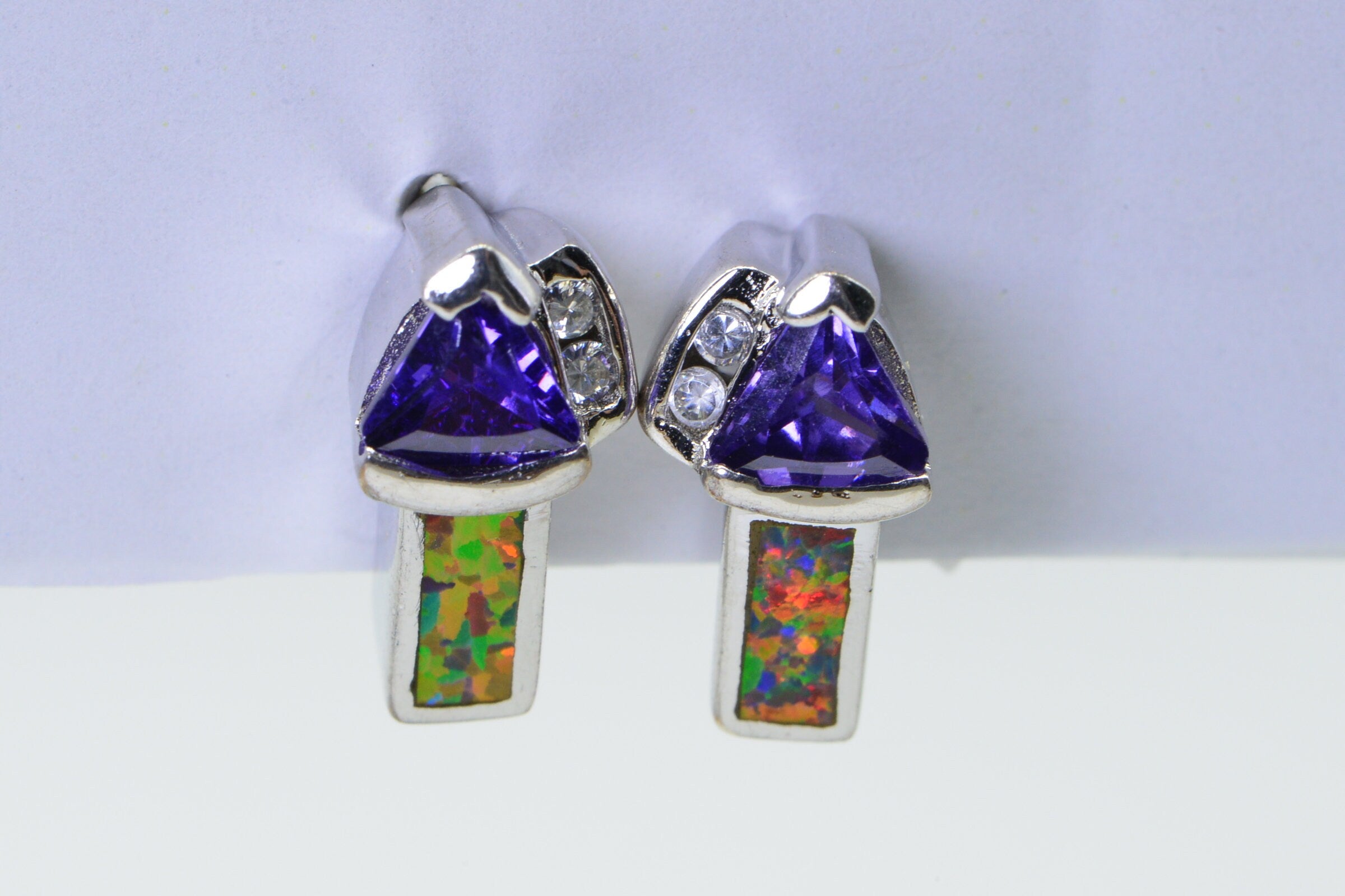 Vintage Sterling Silver Opal Amethyst Stud Earrings