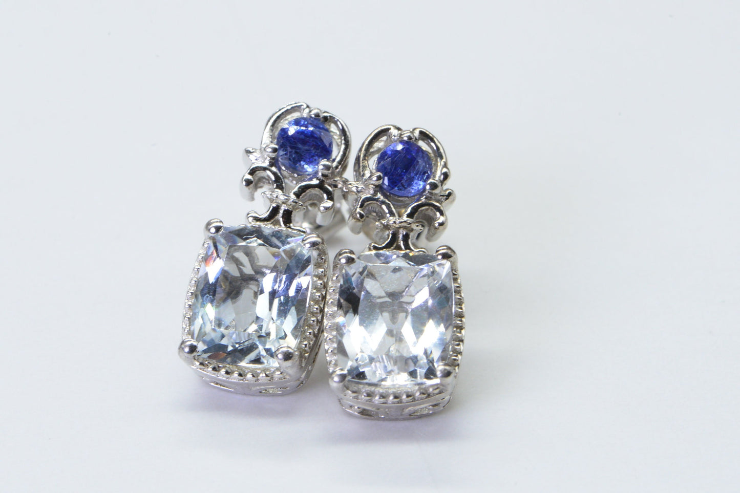 Emerald Cut White & Blue Topaz Sterling Silver Stud Earrings