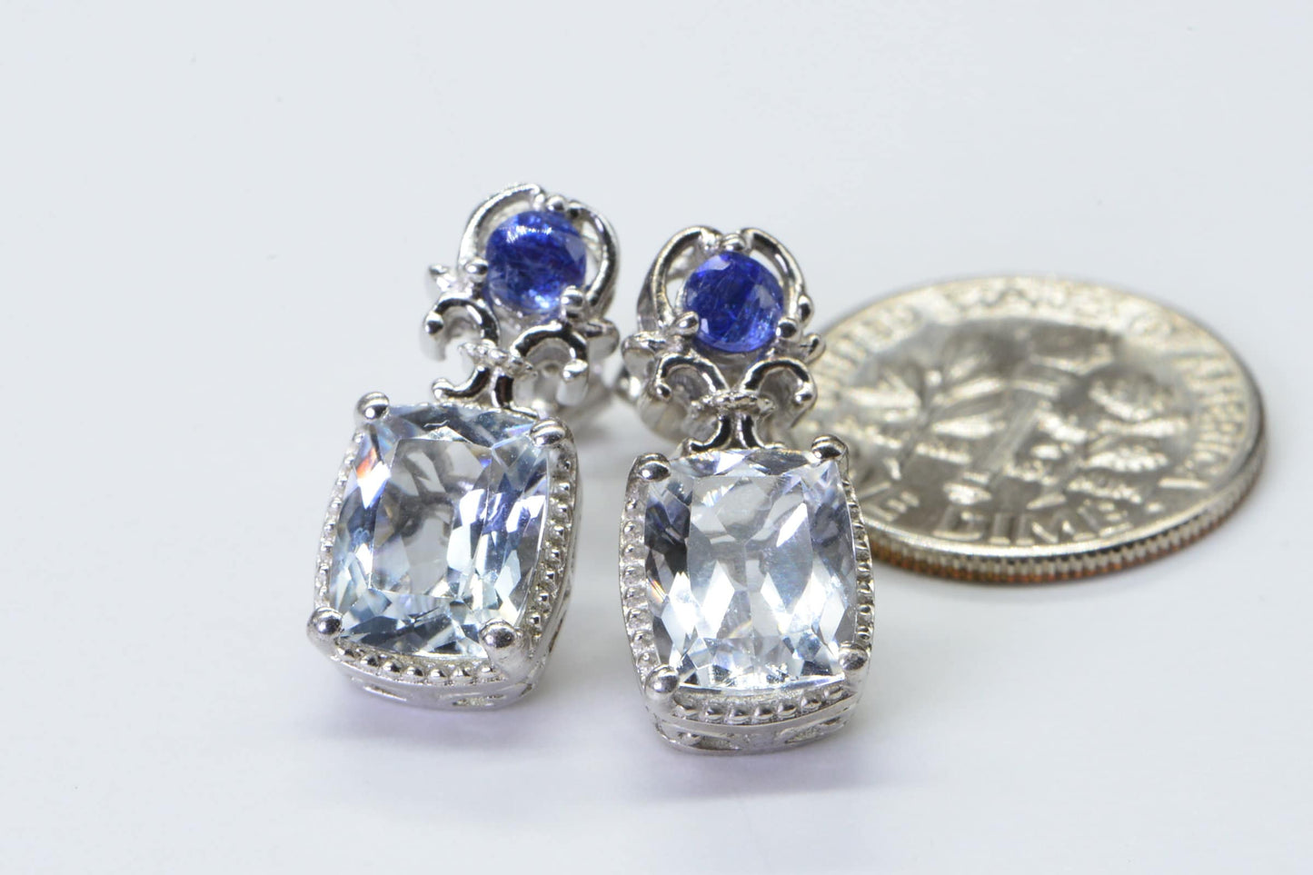 Emerald Cut White & Blue Topaz Sterling Silver Stud Earrings
