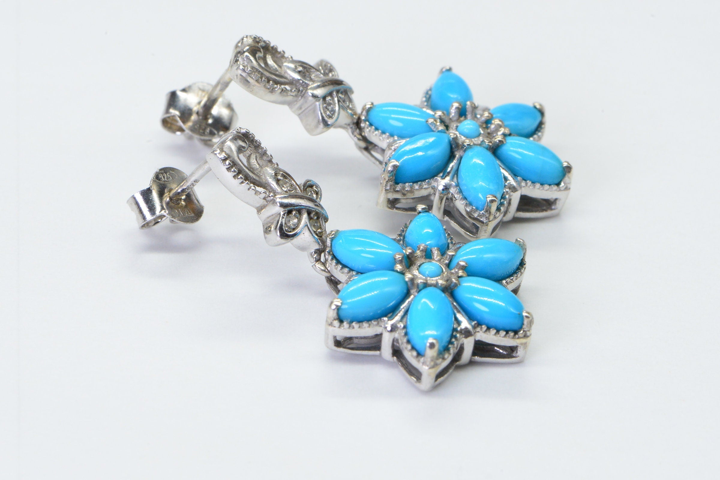 Arizona Sleeping Beauty Turquoise Stud Earrings  Flower Design Sterling Silver Earrings