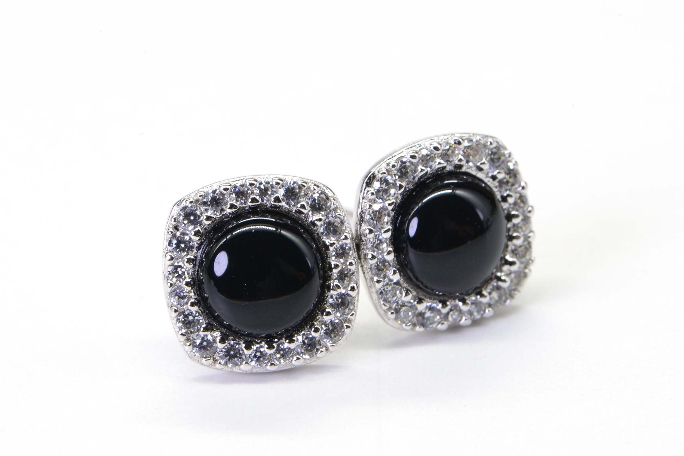 Black Spinel Halo Earrings: Rhodium Sterling Silver Studs
