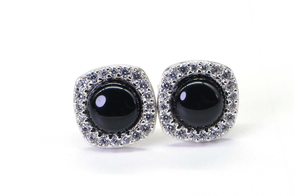 Black Spinel Halo Earrings: Rhodium Sterling Silver Studs